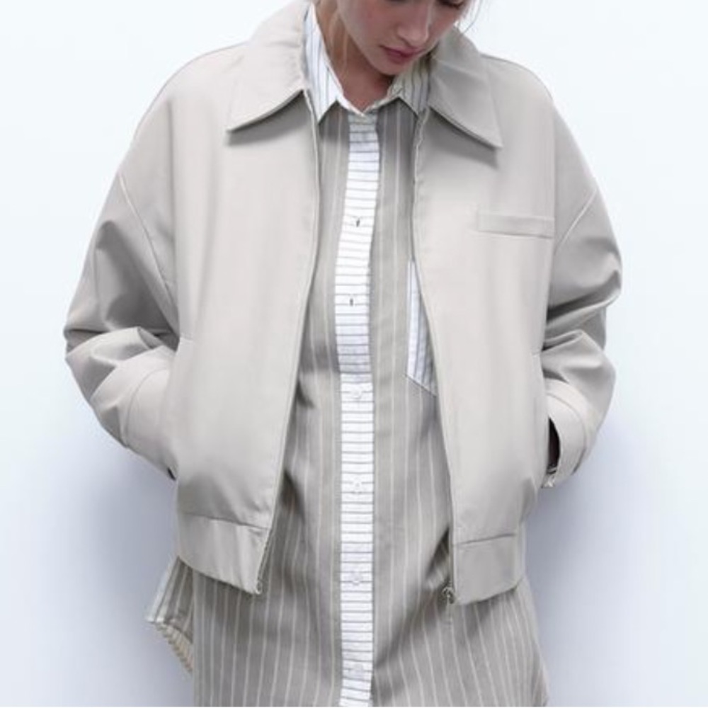 NWOT Zara Water Repellent Light Gray Collared Jacket Sz XS